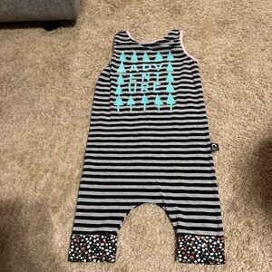 Rags to Raches Black & Gray Striped Adventure Romper with Mint Graphic